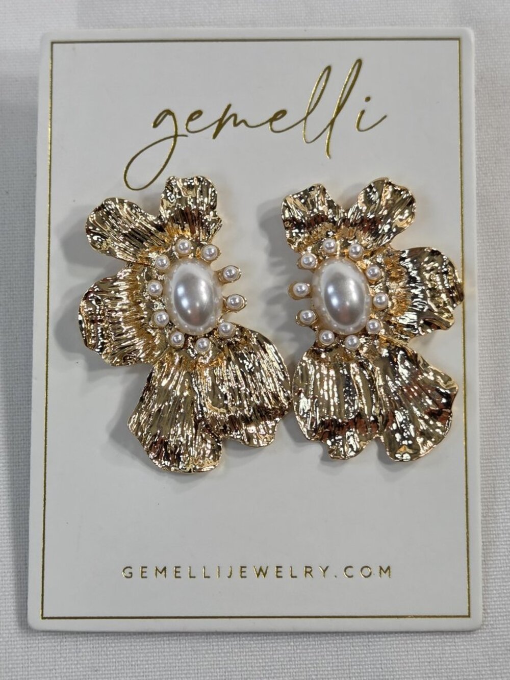 Gemelli Scarlett Gold Plated Pearl Flower Statement Stud Earrings NWT